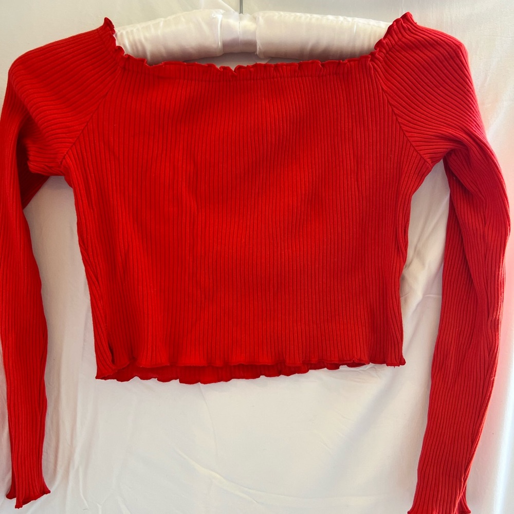 Red off the shoulder, cropped, tight, and ribbed long sleeve!